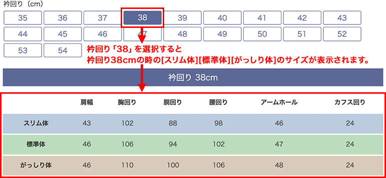 体型サイズ表画面