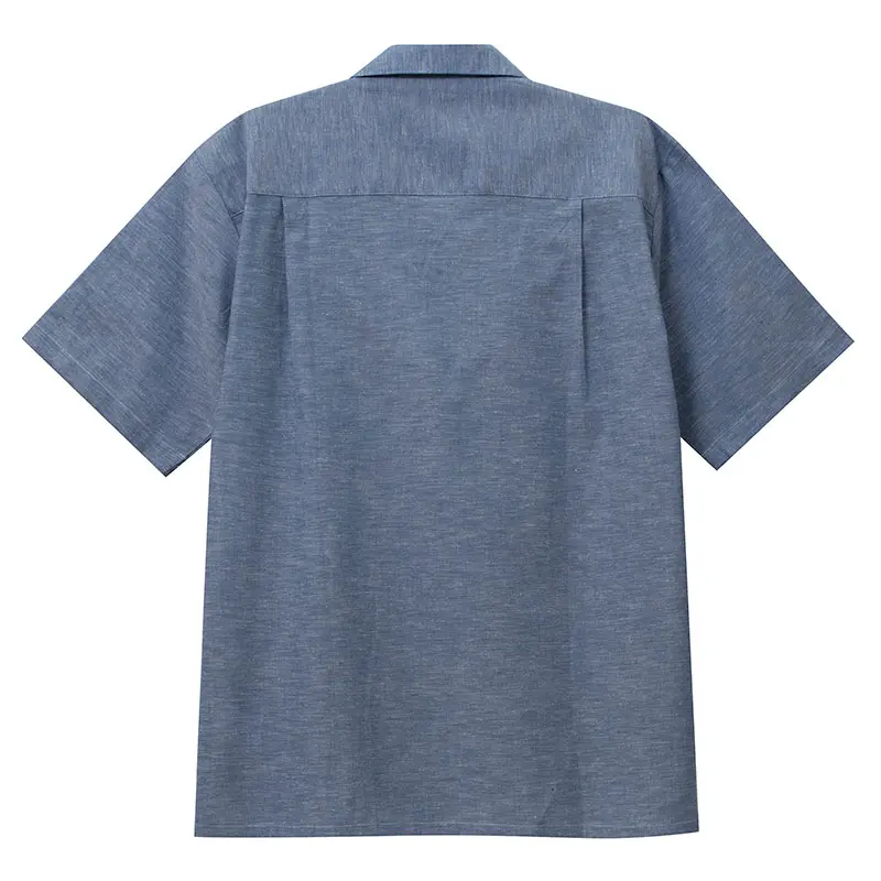 リネン混シャンブレー杢ブルー無地オープンカラーシャツ｜SHIRT