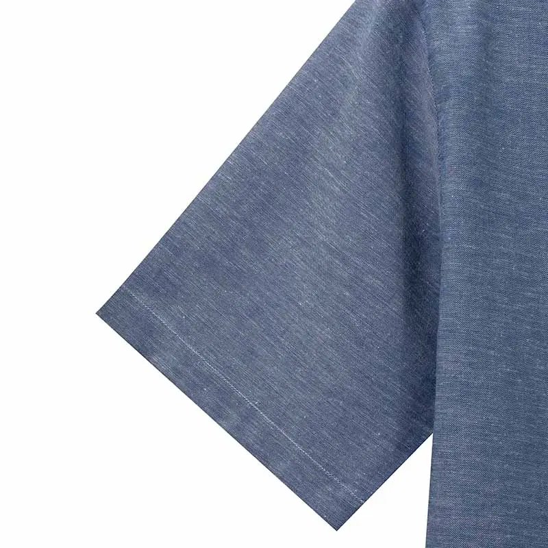 リネン混シャンブレー杢ブルー無地オープンカラーシャツ｜SHIRT