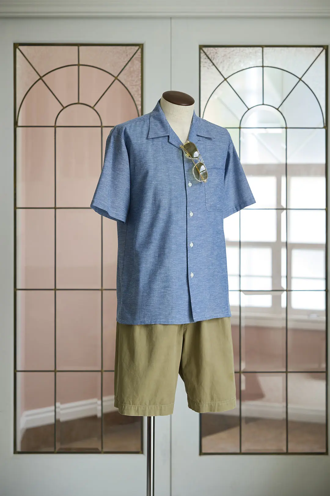 リネン混シャンブレー杢ブルー無地オープンカラーシャツ｜SHIRT