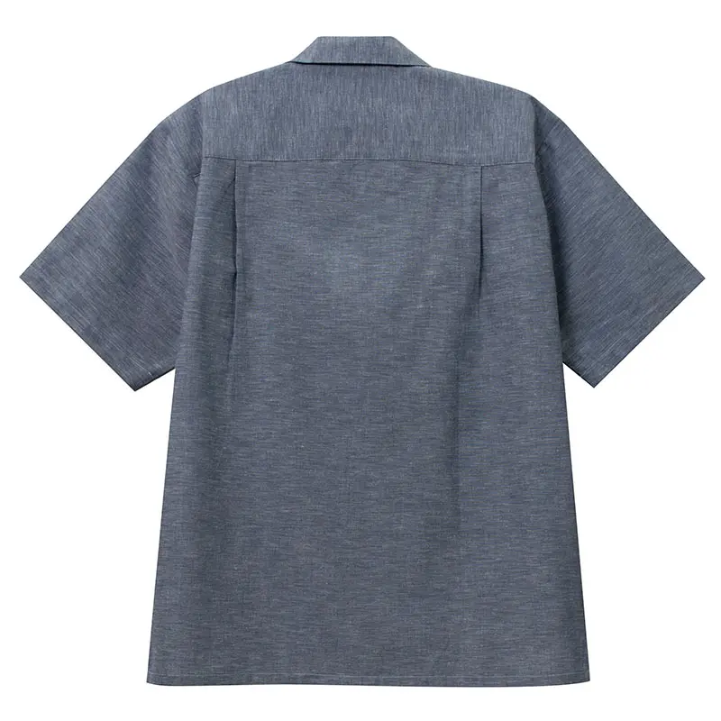 リネン混シャンブレー杢ネイビー無地オープンカラーシャツ｜SHIRT