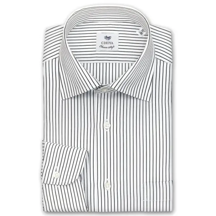 CHOYA Classic Style 長袖 ワイシャツ メンズ 春夏秋冬 ブラックのピンストライプ ワイドカラーシャツ | 綿100％ ホワイト