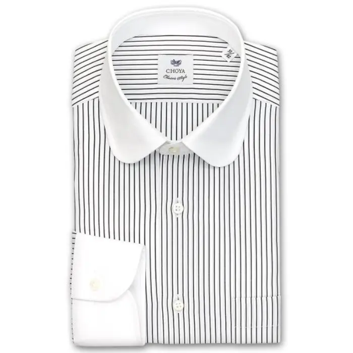 CHOYA Classic Style 長袖 ワイシャツ メンズ 春夏秋冬 ブラックのピンストライプ クレリックラウンドカラーシャツ | 綿100％ ブラック