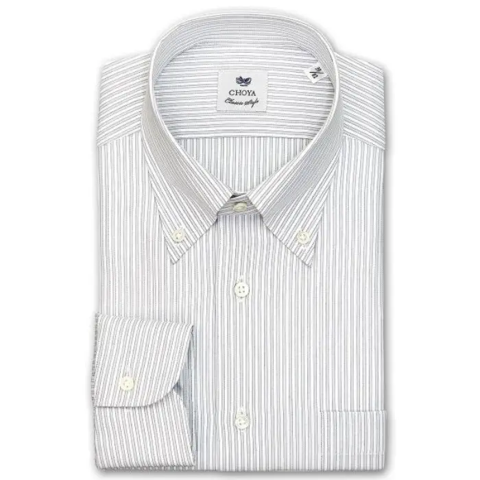 CHOYA Classic Style 長袖 ワイシャツ メンズ 春夏秋冬 グレーストライプ ボタンダウンシャツ | 綿100％ グレー