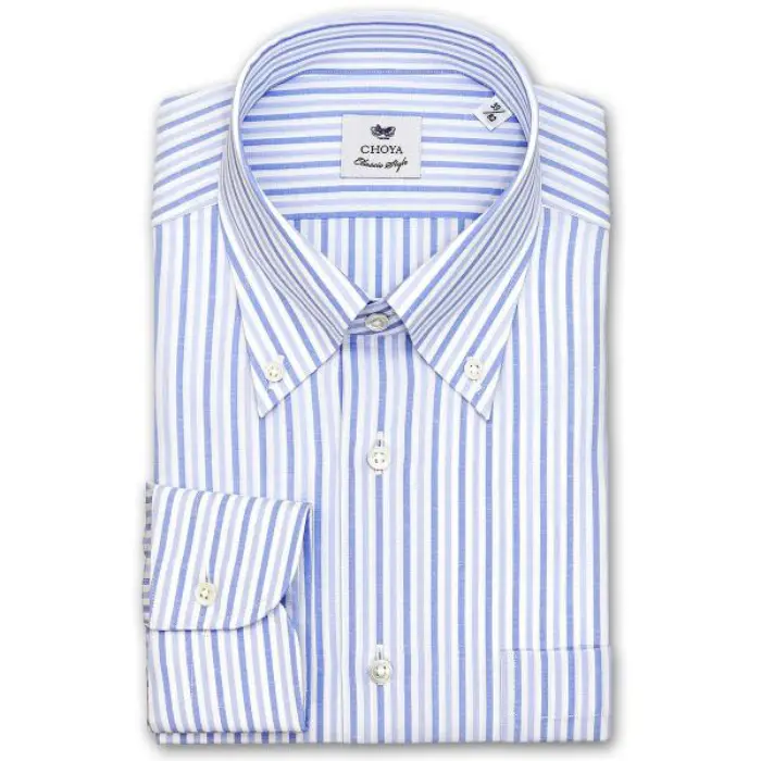 CHOYA Classic Style 長袖 ワイシャツ メンズ 春夏秋 ブルートーンストライプ ボタンダウンシャツ | 綿80% 麻：20% ブルー