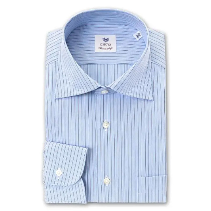 CHOYA Classic Style 長袖ワイドカラー ブルー スリムフィット ワイシャツ