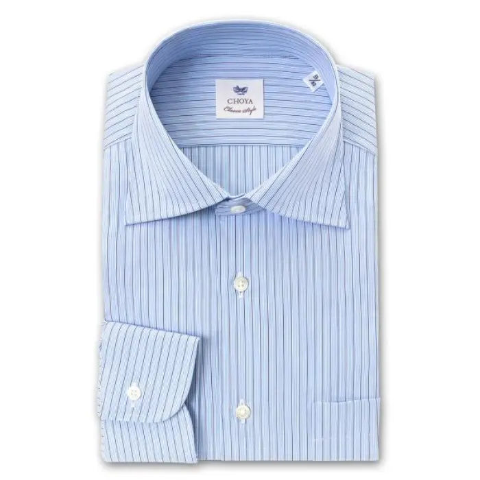 CHOYA Classic Style 長袖 ワイシャツ メンズ 春夏秋冬 綿100% ワイドカラー ロングポイント クラスターストライプ 水色 紺 | 綿100％