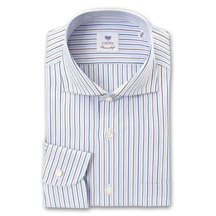 CHOYA Classic Style 長袖 ワイシャツ メンズ 春夏秋冬 綿100% ホワイト ブルー ブラウン オルタネイトストライプ カッタウェイワイドカラーシャツ | 綿100％