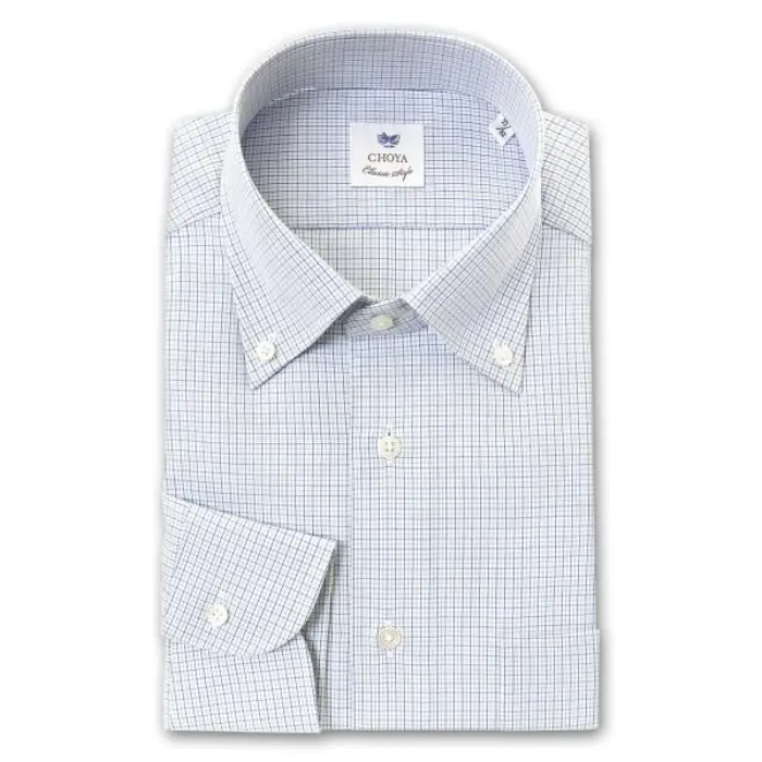 CHOYA Classic Style 長袖 ワイシャツ メンズ 綿100% ボタンダウンシャツ ブロード タッタソールチェック ブルー グレー | 綿100％