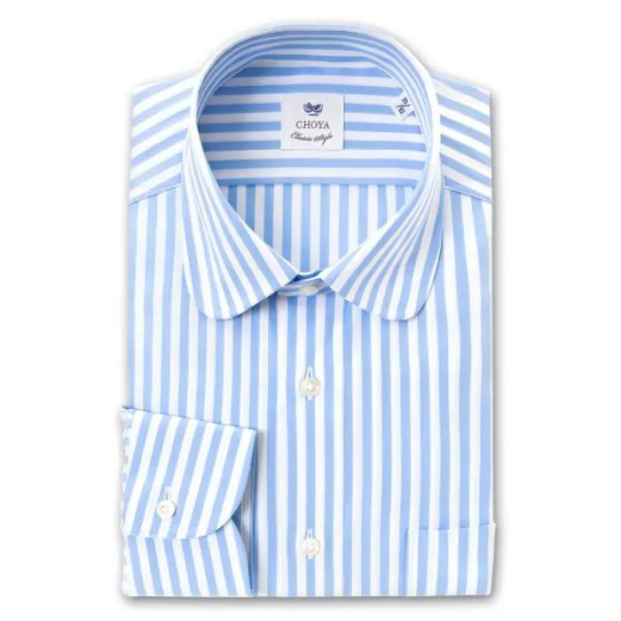 CHOYA Classic Style 長袖 ワイシャツ メンズ 春夏秋冬 綿100% ブロード スカイブルー ロンドンストライプ ラウンドカラー | 綿100％