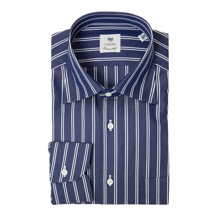 CHOYA Classic Style 長袖 ワイシャツ メンズ 綿100% ネイビー ストライプ ワイドカラー 