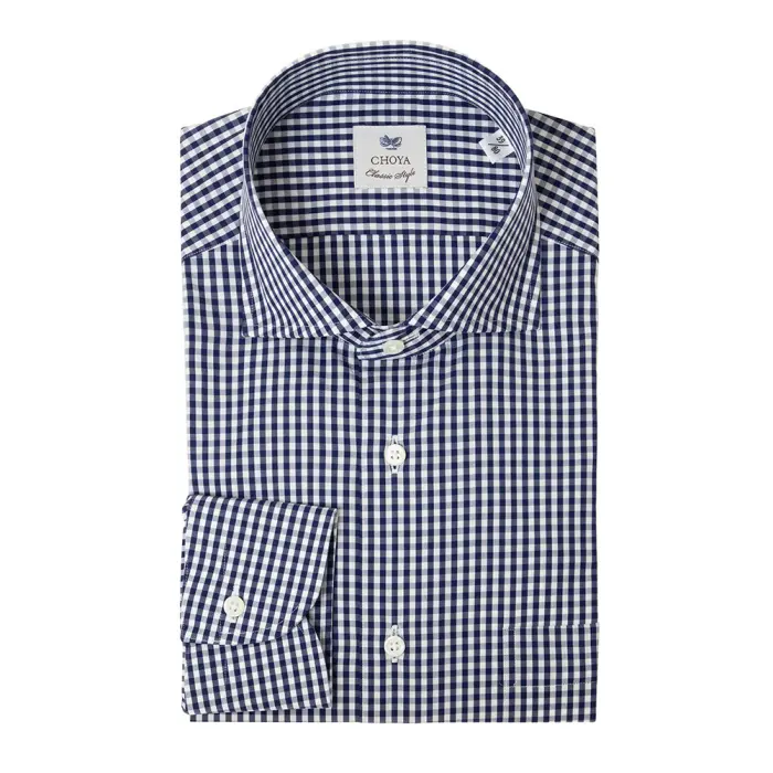 CHOYA Classic Style 長袖 ワイシャツ メンズ 綿100% ネイビー チェック  ワイドカラー