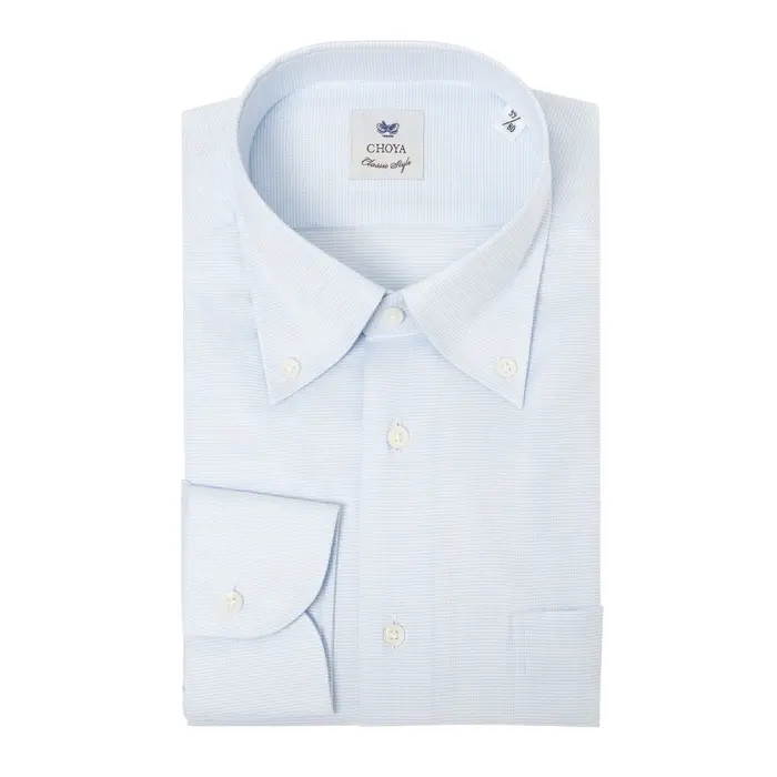 CHOYA Classic Style 長袖 ワイシャツ メンズ  綿100% ボタンダウン スカイブルー ドビー マイクロチェック