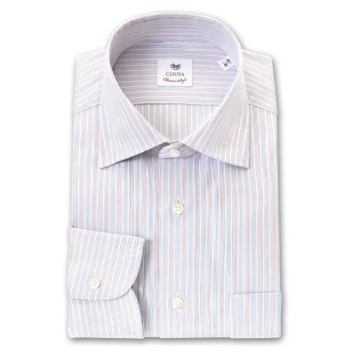 CHOYA Classic Style 長袖 ワイシャツ メンズ 春夏秋冬 綿100% クラスターストライプ ワイドカラー ホワイト ブルー ブラウン | 綿100％