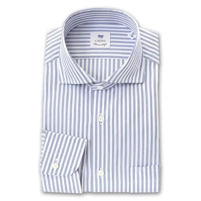 CHOYA Classic Style 長袖 ワイシャツ メンズ 春夏秋冬 綿100% ブルー クラスターストライプ カッタウェイワイドカラーシャツ | 綿100％