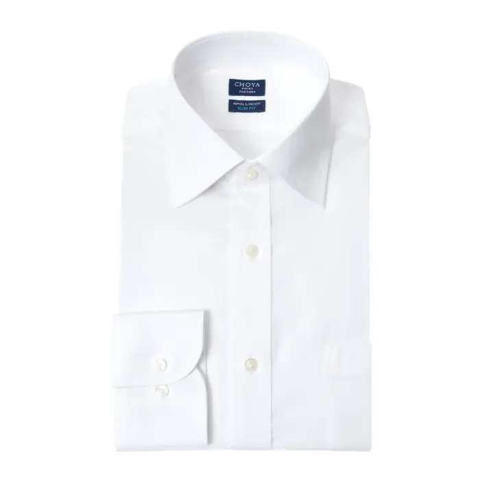スリムフィット アポロコット 長袖 ワイシャツ メンズ 春夏秋冬 形態安定加工 白ブロード セミワイド | 綿100％ ホワイト