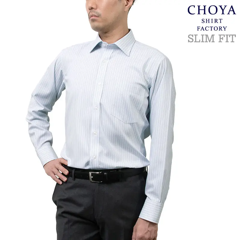 ワイシャツ スリムフィット ストライプ ブルー ドビー CHOYA SHIRT
