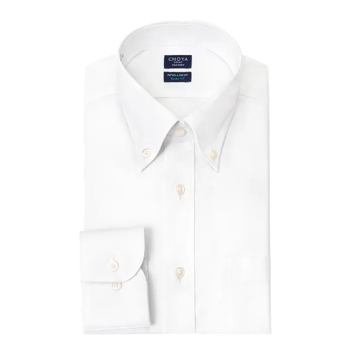 CHOYA SHIRT FACTORY 日清紡アポロコット スリムフィット ノーアイロン 長袖 ワイシャツ 形態安定加工 ボタンダウン 白ドビーストライプ ホワイト 綿100％