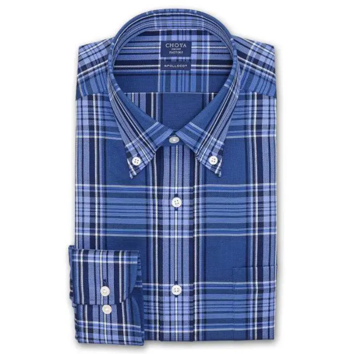 カジュアル 日清紡アポロコット COOL CONSCIOUS 長袖 ワイシャツ メンズ 春夏秋 形態安定加工 ブルートーンチェック ボタンダウンシャツ|綿100％ ブルー