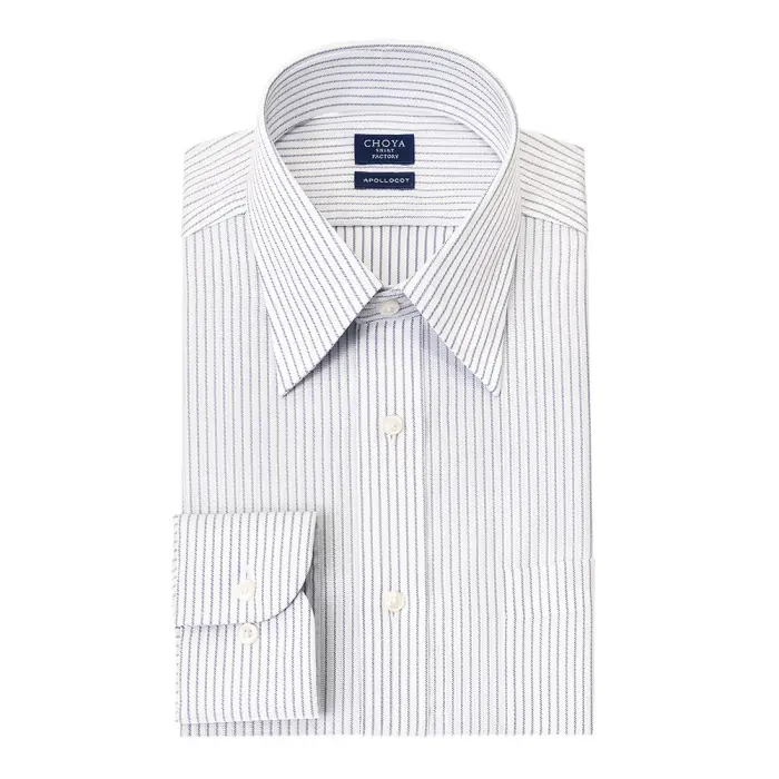CHOYA SHIRT FACTORY 日清紡アポロコット ノーアイロン 長袖 ワイシャツ 形態安定加工 レギュラーカラー 紺色 ネイビーストライプ 綿100％