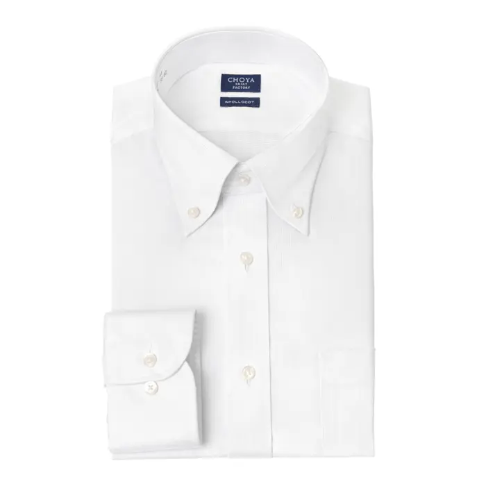 CHOYA SHIRT FACTORY 日清紡アポロコット ノーアイロン 長袖 ワイシャツ 形態安定加工 ボタンダウン ホワイト 白ドビーストライプ 綿100％