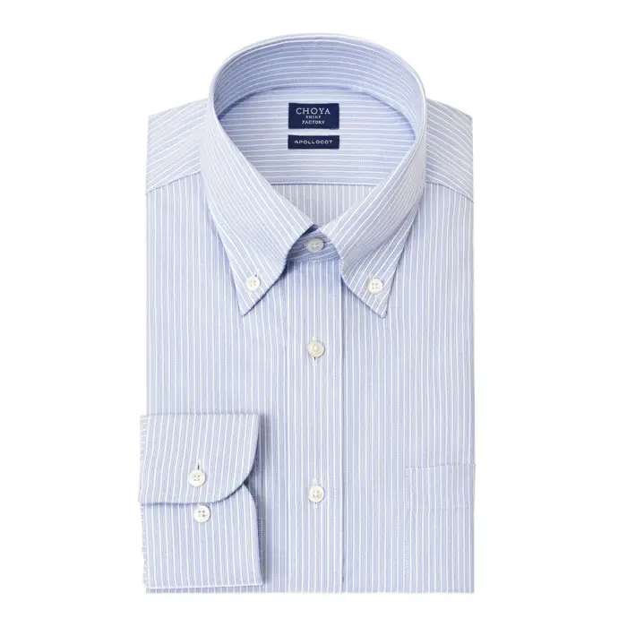 CHOYA SHIRT FACTORY 日清紡アポロコット ノーアイロン 長袖 ワイシャツ 形態安定加工 ボタンダウン ブルーストライプ 綿100％