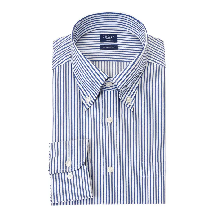 CHOYA SHIRT FACTORY 日清紡アポロコット ノーアイロン 長袖 ワイシャツ 形態安定加工 ボタンダウン ネイビーロンドンストライプ 紺色 綿100％