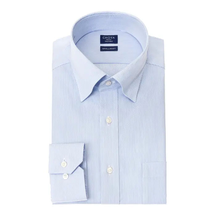 CHOYA SHIRT FACTORY 日清紡アポロコット ノーアイロン 長袖 ワイシャツ 形態安定加工 スナップダウン ブルーストライプ 綿100％