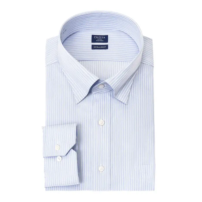 CHOYA SHIRT FACTORY 日清紡アポロコット 長袖 ワイシャツ 形態安定加工 スナップダウン 青 ブルーストライプ 綿100％ キングサイズ
