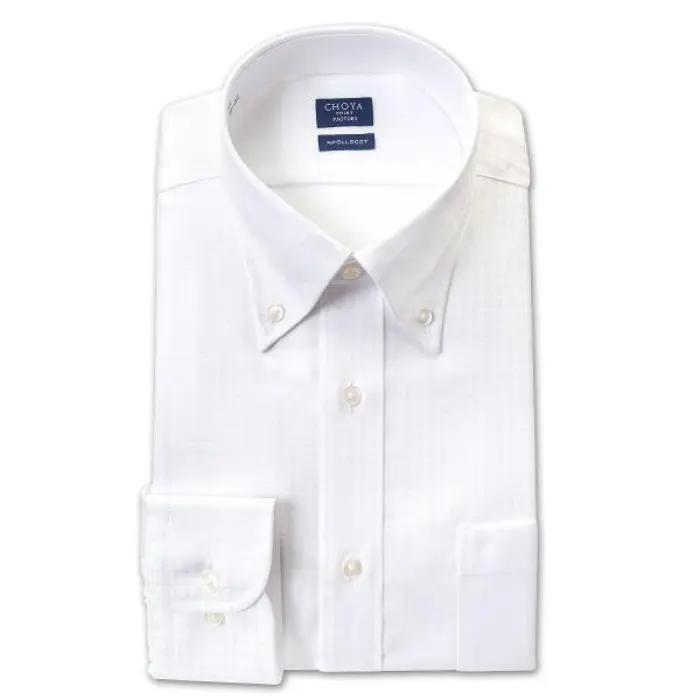 日清紡アポロコット 長袖 ワイシャツ 形態安定加工 ボタンダウン 白 ホワイト 白ドビーチェック 格子柄 綿100％