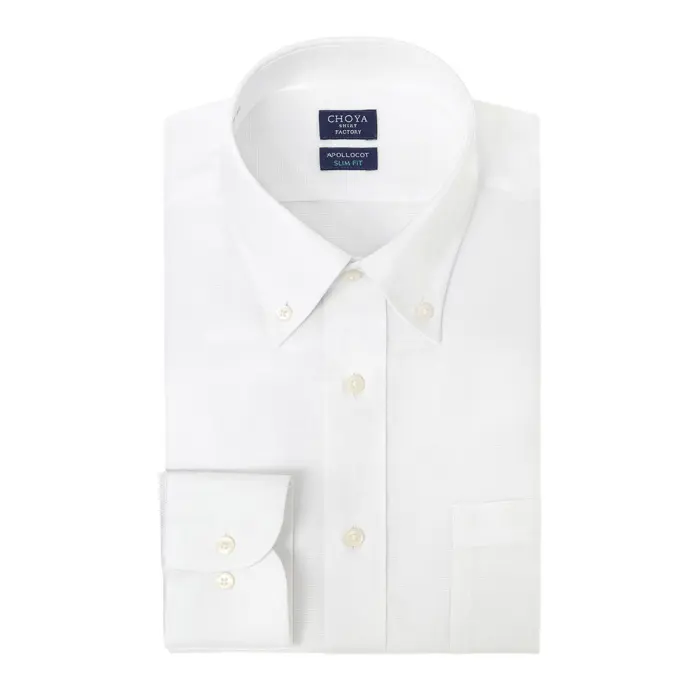 日清紡アポロコット スリムフィット 長袖 ワイシャツ メンズ  綿100％ 形態安定加工 白ドビー  ホワイト ボタンダウン   CHOYA SHIRT FACTORY