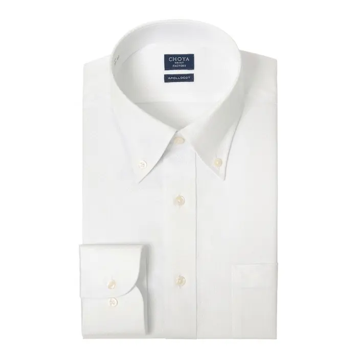 日清紡アポロコット 長袖 ワイシャツ メンズ 綿100％ 形態安定加工 白ドビー  ホワイト ボタンダウン