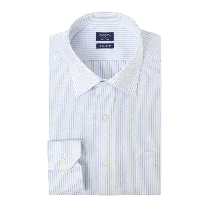 日清紡アポロコット 長袖 ワイシャツ メンズ 綿100％ 形態安定加工 ブルー ストライプ セミワイドカラー