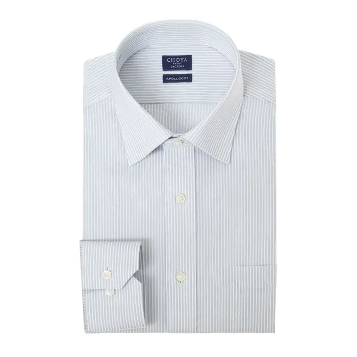 日清紡アポロコット 長袖 ワイシャツ メンズ 綿100％ 形態安定加工 グレー ストライプ セミワイドカラー