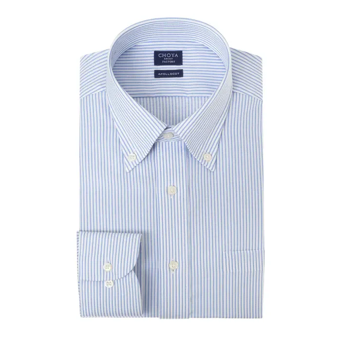 日清紡アポロコット 長袖 ワイシャツ メンズ 綿100％ 形態安定加工 ブルー  ストライプ  ボタンダウン CHOYA SHIRT FACTORY