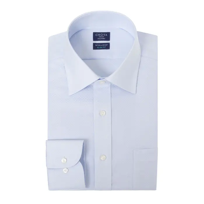 日清紡アポロコット スリムフィット 長袖 ワイシャツ メンズ  綿100％ 形態安定加工 青 ブルー ドビー セミワイドカラー   CHOYA SHIRT FACTORY