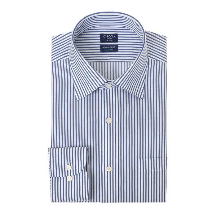 日清紡アポロコット スリムフィット 長袖 ワイシャツ メンズ  綿100％ 形態安定加工 青 ネイビー ストライプ セミワイドカラー   CHOYA SHIRT FACTORY