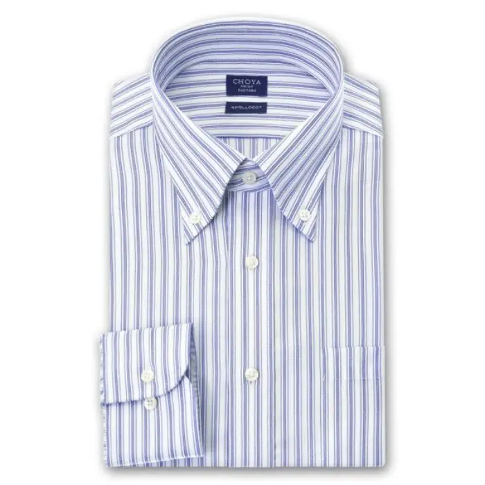 CHOYA SHIRT FACTORY 日清紡アポロコット 長袖 ワイシャツ 形態安定加工 ボタンダウン ブルー 青 ストライプ 綿100％