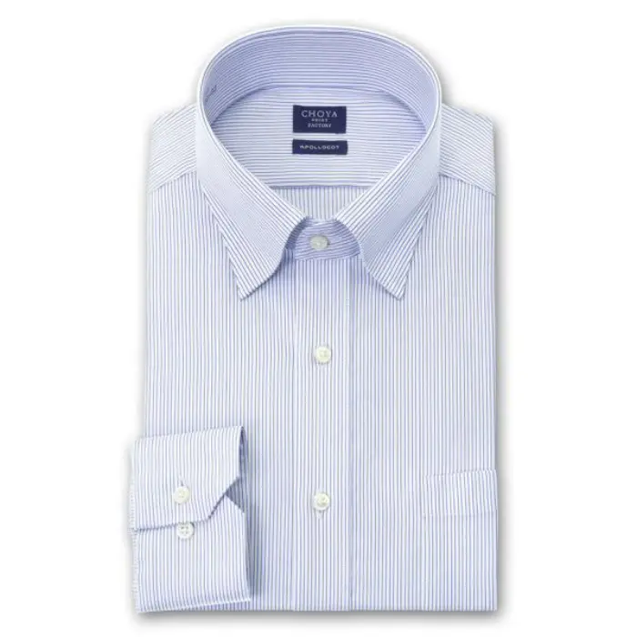 CHOYA SHIRT FACTORY 日清紡アポロコット 長袖 ワイシャツ 形態安定加工 スナップダウン ブルー 青 ストライプ 綿100％
