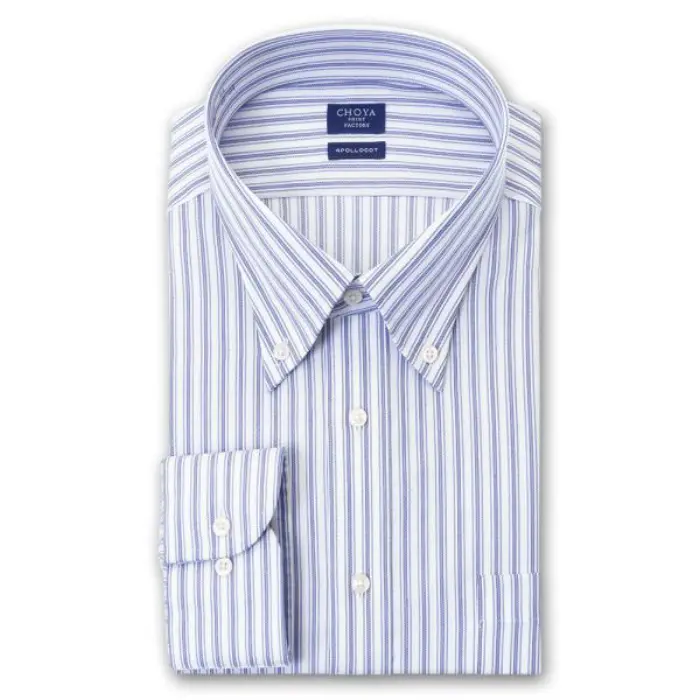 CHOYA SHIRT FACTORY 日清紡アポロコット 長袖 ワイシャツ 形態安定加工 ボタンダウン ブルーストライプ 青 綿100％ キングサイズ