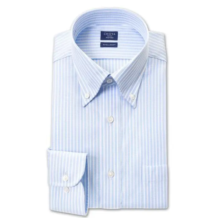 日清紡アポロコット COOL CONSCIOUS 長袖ワイシャツ メンズ 春夏秋 形態安定加工 ブルーストライプ ボタンダウンシャツ|綿100％ ブルー