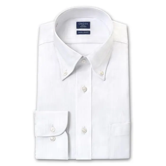 日清紡アポロコット 長袖 ワイシャツ メンズ 形態安定加工 白ドビーストライプ ボタンダウンシャツ|綿100％ ホワイト