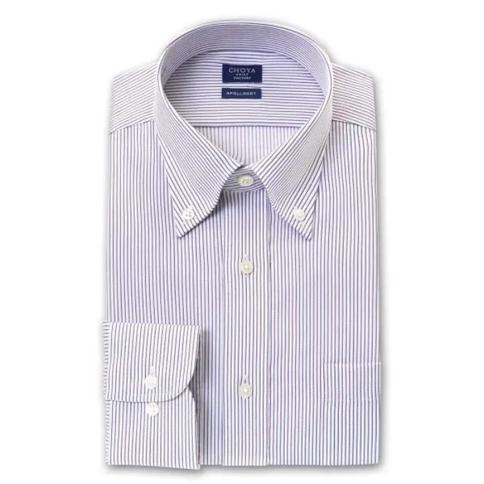 日清紡アポロコット 長袖 ワイシャツ メンズ 形態安定加工 パープルオルタネイトストライプ ボタンダウンシャツ|綿100％
