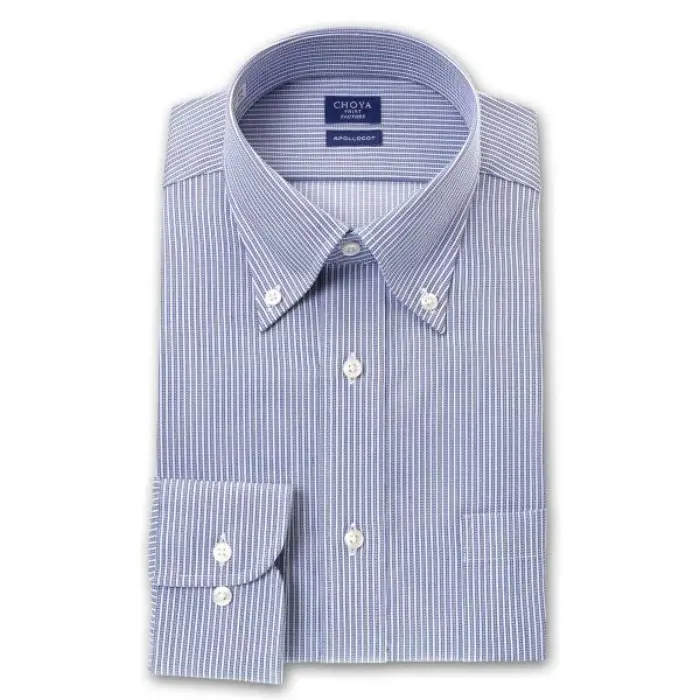 日清紡アポロコット 長袖 ワイシャツ メンズ 形態安定加工 ブルーデザインストライプ ボタンダウンシャツ|綿100％
