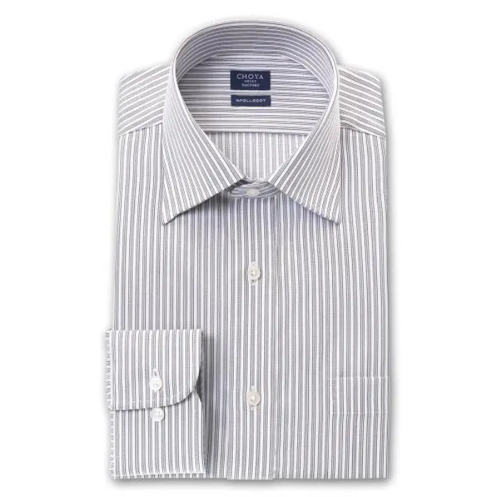日清紡アポロコット 長袖 ワイシャツ メンズ 形態安定加工 モノトーンストライプ柄 グレー ワイドカラーシャツ|綿100％