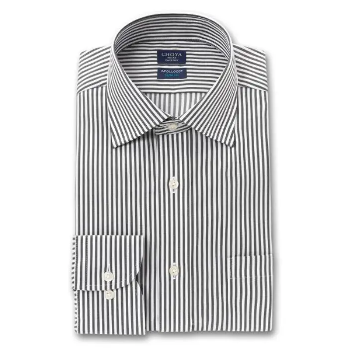 スリムフィット アポロコット 長袖 ワイシャツ メンズ 形態安定加工 ブラックロンドンストライプ ワイドカラー|綿100％