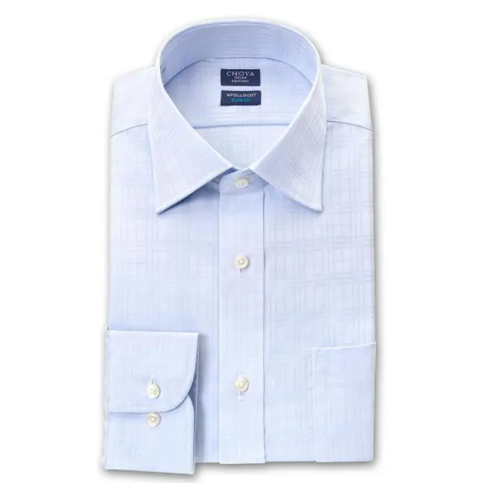 スリムフィット アポロコット 長袖 ワイシャツ メンズ 形態安定加工 スカイブルージャガードマルチチェック柄 ワイドカラー|綿100％