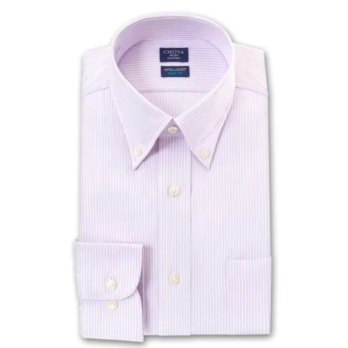 スリムフィット アポロコット 長袖 ワイシャツ メンズ 形態安定加工 ライラックパープル ブロックストライプ ボタンダウン|綿100％