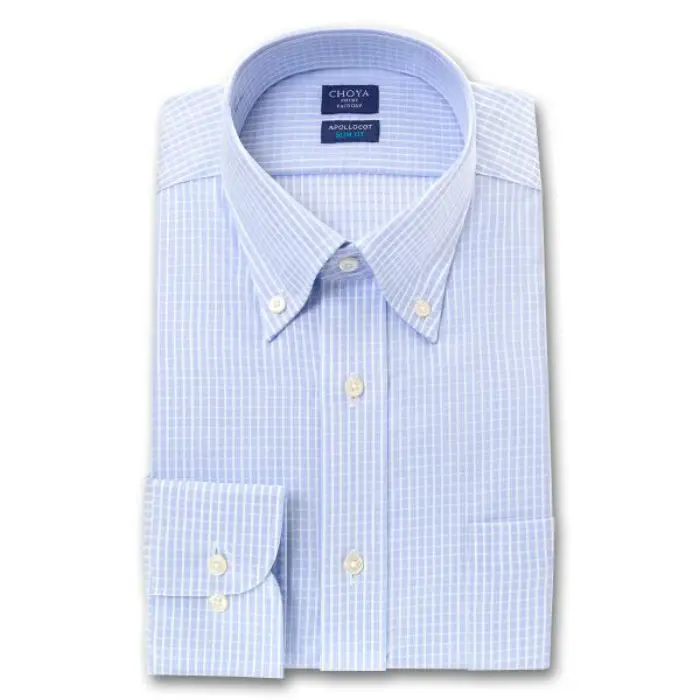 スリムフィット アポロコット 長袖 ワイシャツ メンズ 形態安定加工 スカイブルー グラフチェック ボタンダウン|綿100％