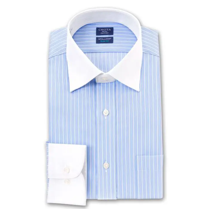 スリムフィット アポロコット 長袖 ワイシャツ メンズ 形態安定加工 クレリックワイドカラー スカイブルーストライプ |綿100％